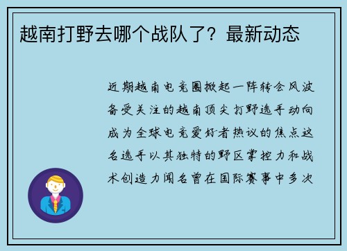 越南打野去哪个战队了？最新动态
